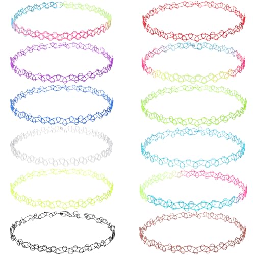 PAGOW 12pcs Tattoo Choker Set Colorful Gradient Stretchy 90s Choker Necklace Adjustable Retro Y2K Gothic Grunge Chokers Jewelry Accessories for Women Daily Parties - 12 Colors