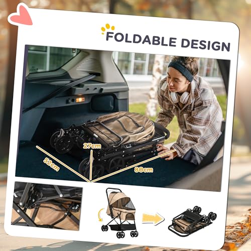 PawHut Dog Stroller, Pet Stroller, Foldable Dog Cat Travel Pushchair with Reversible Handle, EVA Wheels, Brake, Basket, Adjustable Canopy, Safety Leash, for Small Dogs, Light Brown - Image 6
