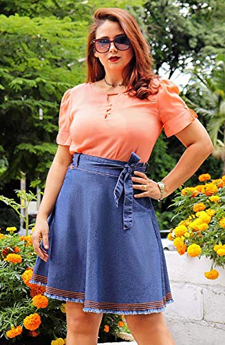 Saia Jeans Evasê Barra Desfiada Com Bordados Dyork Jeans