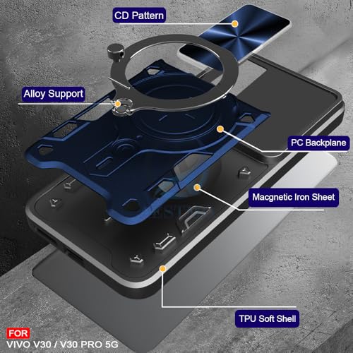 Image of AESTMO Armor Vivo V30 / V30 Pro 5G Bumper Back Case Cover | Ring Holder & CD Pattern Sliding Camera Shutter Cover | 360 Degree Protection Back Case Cover for Vivo V30 / V30 Pro 5G (Blue)