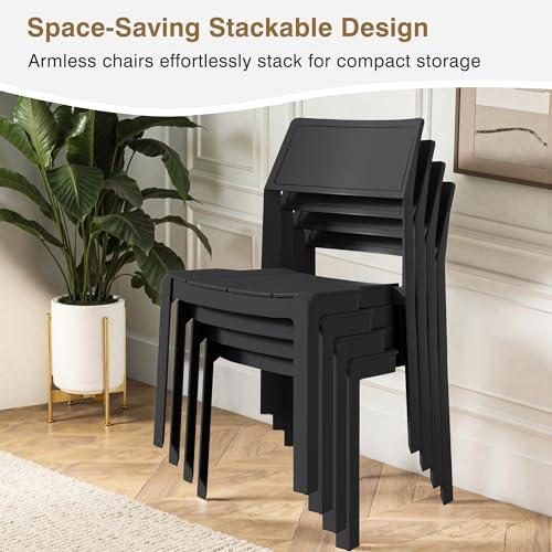 VECELO Plastic Stackable Dining Chairs Set of 4, Portable Patio Chairs for Indoor & Outdoor Use, No Assembly Required, Matte Black