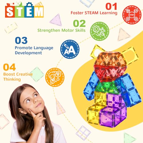 Coodoo 60 PCS Magnetic Building Tiles Kids Toys STEM Magnetic Blocks Sensory Toys Kids Games Magnet Building Toy for Boys and Girls Aged 3+, Kid Brain Development Preschool Kindergarten Toddler Toy
