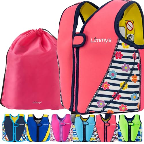 Colete de natação Limmys para crianças, sistema de flutuação ajustável de 8 painéis, certificado CE, design premium, neoprene suave, construção resistente, bolsa de transporte incluída