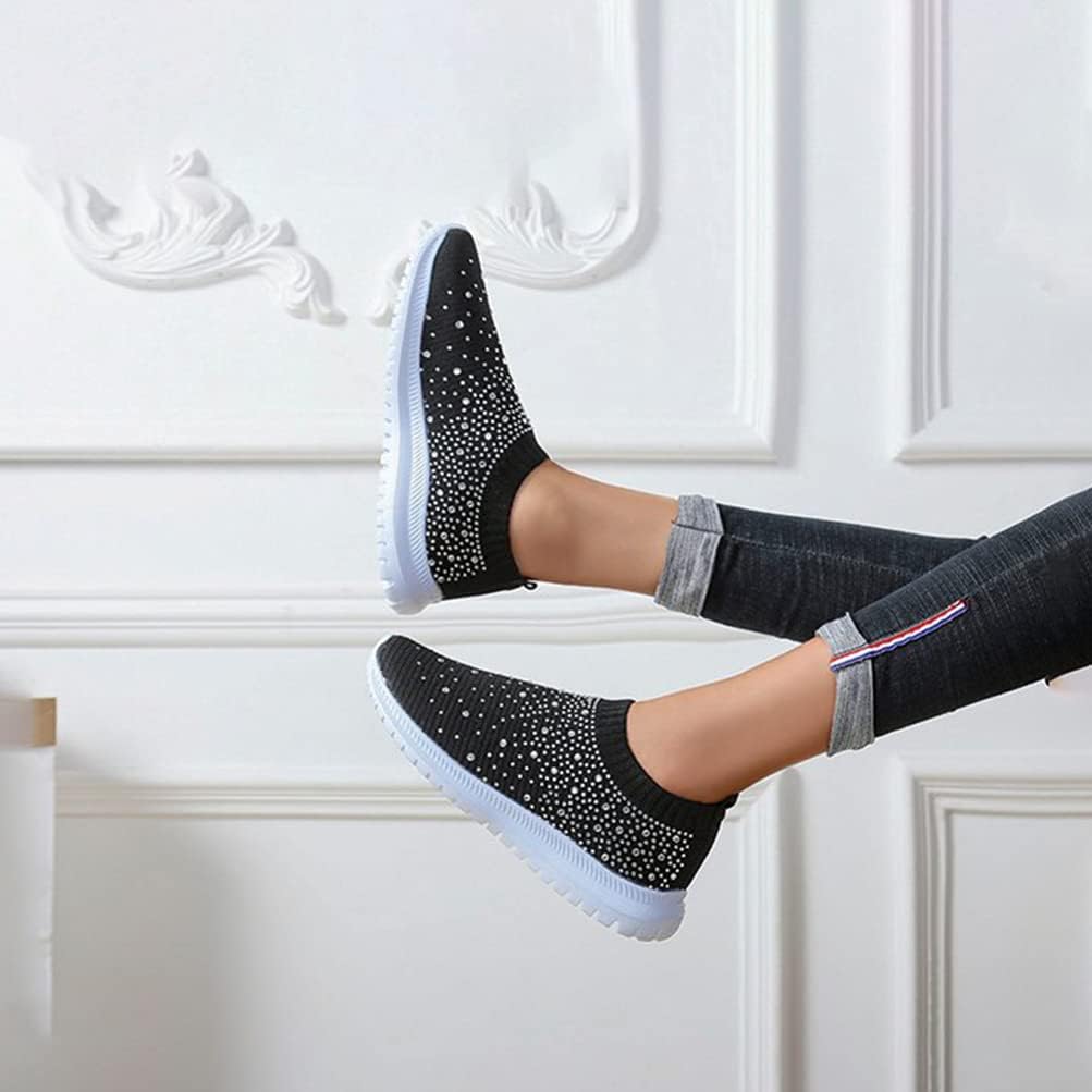 Women's Rhinestone Slip on Sneakers Breathable Mesh Sports Shoes Lightweight Casual Walking Shoes in Black