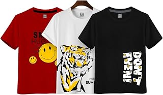 NI FASHION Cotton Regular Fit Round Neck Printed Half Sleeves Casual T-Shirt for Boys, Multicolor, (Combo Pack of 3) Price In India