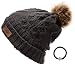 Women's Winter Fleece Lined Cable Knitted Pom Pom Beanie Hat with MIRMARU Hair Tie.(Dark Grey)