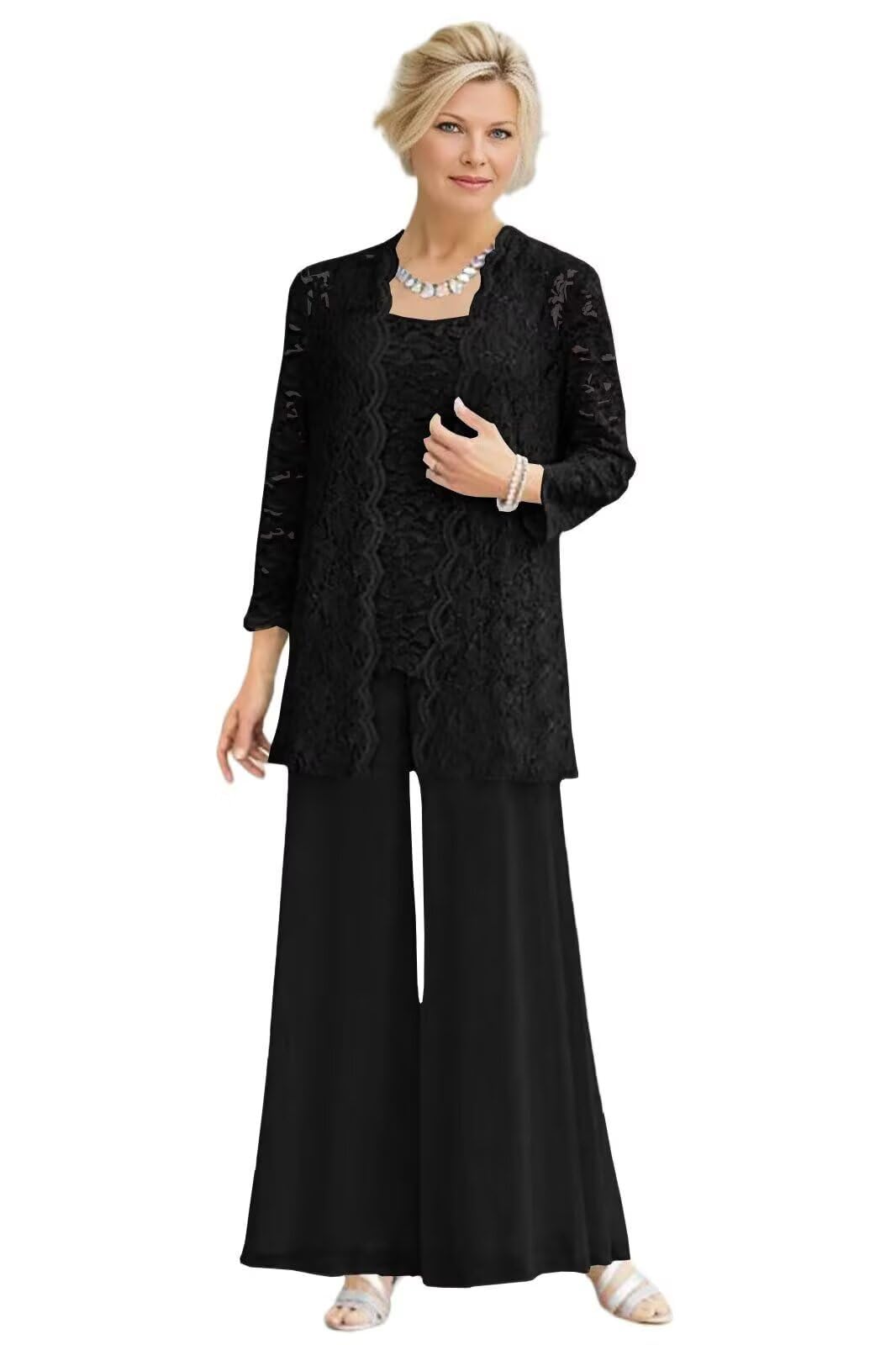 3 Pieces Mother of The Bride Pant Suits for Women Lace Applique Formal Wedding Gust Pantsuits with Jacket