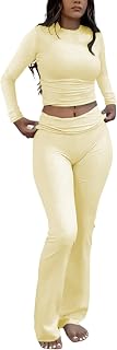 ZFLM Women's 2 Piece Workout Set: Long Sleeve Top & High Waist Fold-Over Flare Leggings Tracksuit Streetwear