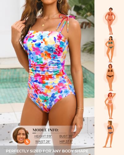 Image of Daci Women One Piece Tummy Control Swimsuits Tie Shoulder Bathing Suits