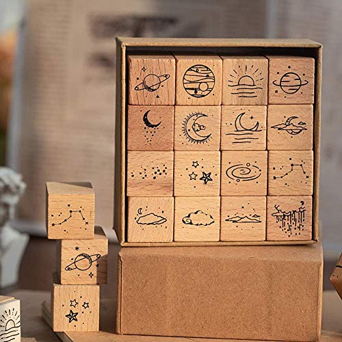 Fciqven 16 Pcs Vintage Wooden Rubber Stamp Set, Moon Decorative Stamp Wood Rubber Stamp for DIY Craft, Scrapbooking, Card Making, Gift Wrapping, Journals - Thumbnail 5