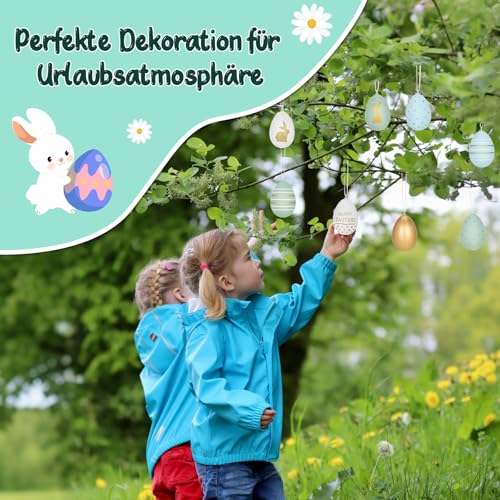 24 Ostereier aus Kunststoff mit Schnur, perfekte Osterdekoration zum Aufhängen im Freien, Ostereier in 3 Farben, Gold, Hellblau, Hellgrün, Weiß, 6 cm x 4 cm große in 7 verschiedenen Designs