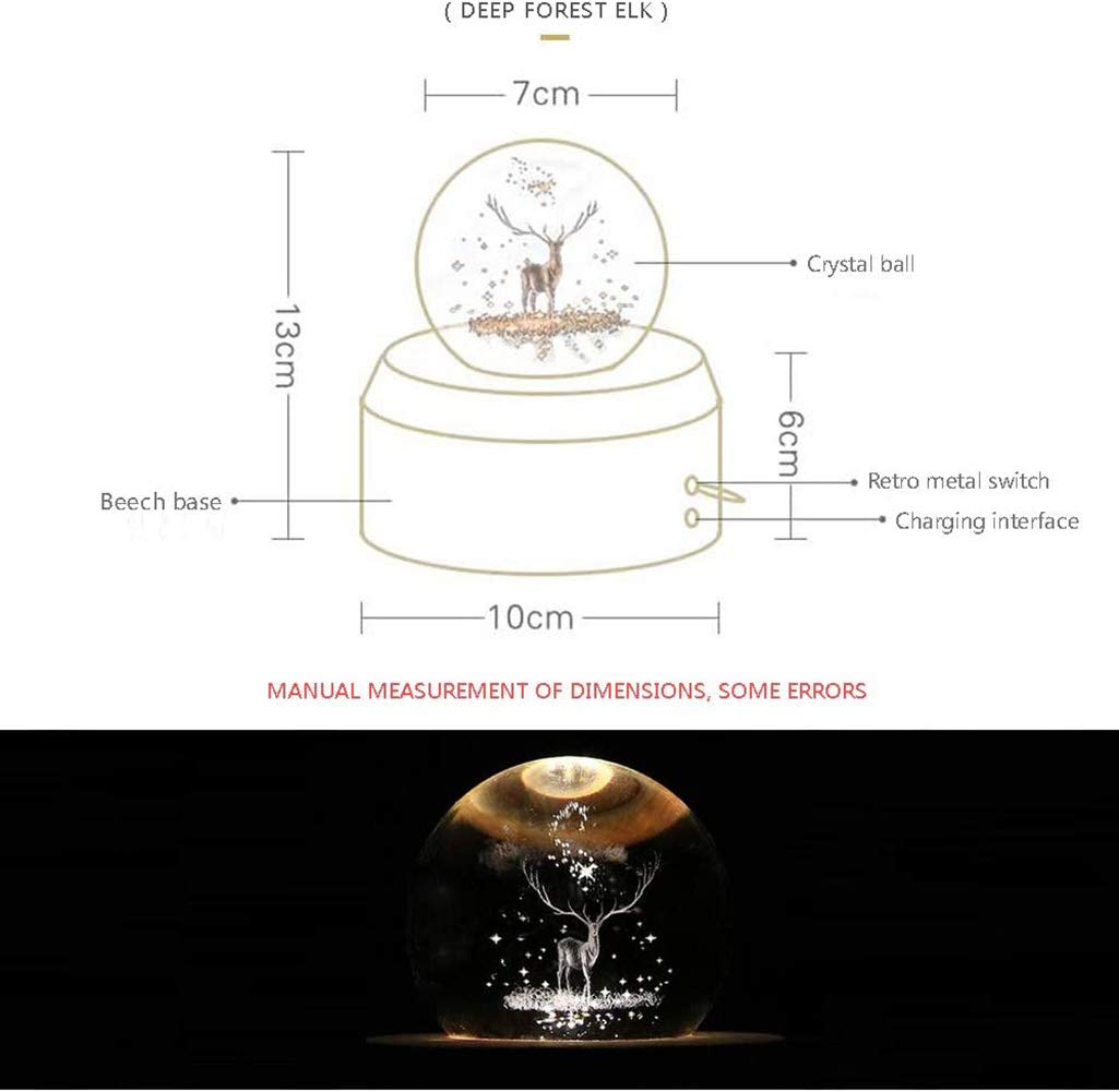 YGXL 3D Crystal Ball Carillon luminoso rotante scatola musicale a proiezione LED luce base in legno miglior regalo per compleanno Natale (cervo