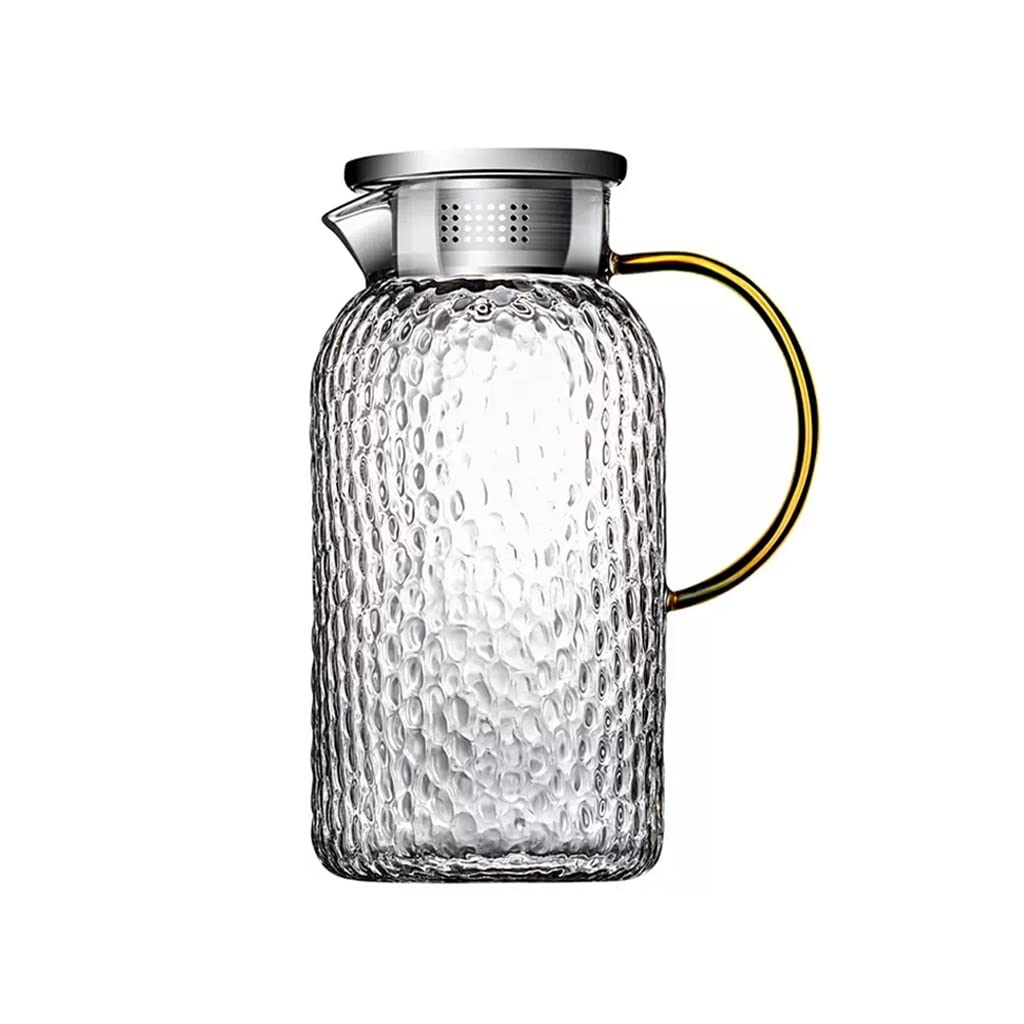 Nff Jarra De Cristal, Jarra De Agua De Cristal De 1,8 L con Tapa, Jarra De Cristal Texturizado Martillado con Asa, Apta For Té, Zumo, Agua, Café