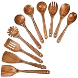 【10Pcs Wooden Utensil Set】Versatile wooden spoons for cooking offer a comprehensive wooden kitchen utensil set for complete utility: includes a wooden spatula, wooden turner, spaghetti spoon, slotted spatula, salad spoon, mixing spoon, wooden soup la...