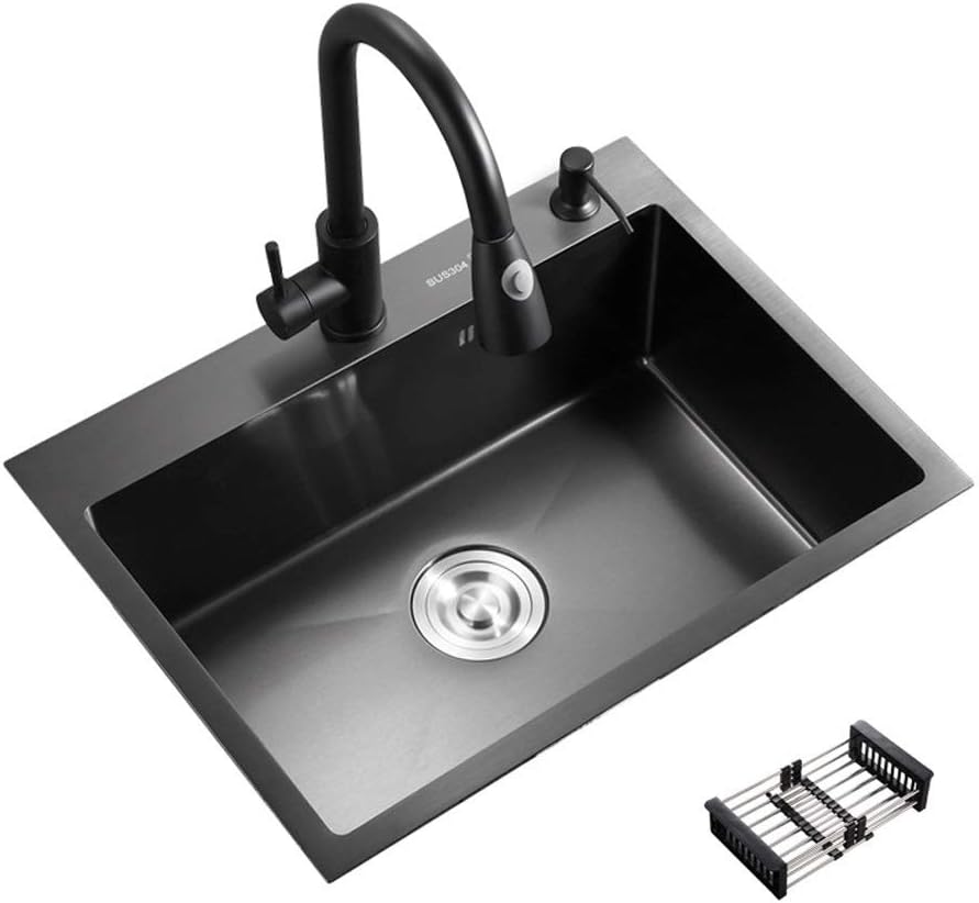 Black Stainless Steel Kitchen Sink Pull-down Faucet Strainer Soap Dispenser Dish Drainer Basket Combo Set with Complete Plumbing Kit Drainer Waste Undermount Drop-in Installation