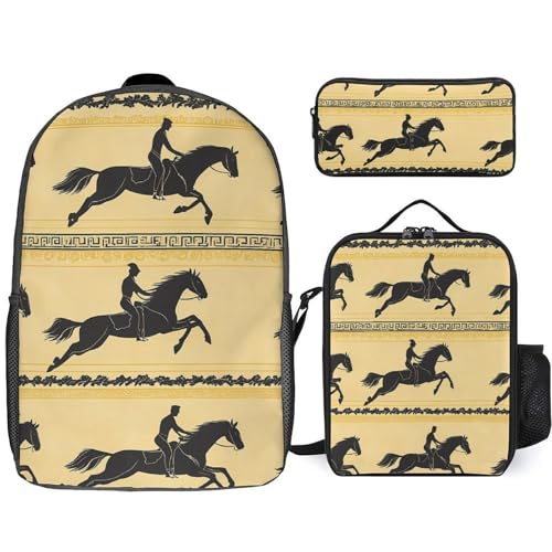 Horses Galloping Traditional Pattern Classic Backpack Lunch Bag Pencil Case 3 Piece Set Travel Daypack