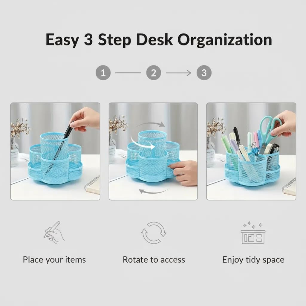 Grid Desktop Storage Box, 7-Compartment Individual Storage Boxes, Rotatable, Metal Material, 6.89 inches wide, 3.94 inches high (Blue) image 5