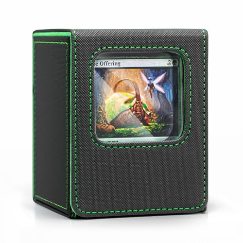 Venssu MTG Deck Box with Front-Facing Commander Display, Card Deck Case Fits 100 Single Sleeved Cards, PU Leather Magnetic Tcg Storage Box with 2 Dividers, 100% UV Protect Mini Snap (Black and Green)
