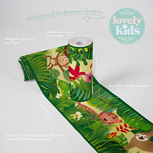 A.S. Création Lovely Kids Bordüre selbstklebend Jungle Friends Wandbordüre mit niedlichen Dschungel Tieren für Babyzimmer Wandtattoo für Mädchen und Jungen in grün, hellgelb, braun, lila
