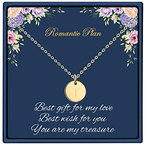 Initial Pendant Necklace, 14K Gold Filled Dainty Round Disc Double Side Engraved Hammered Initial Necklace Personalized Letter Pendant Initial Necklaces Jewelry Gifts for Women Girls