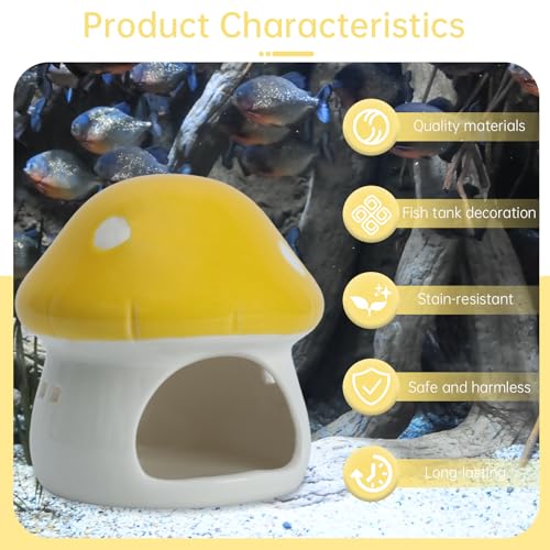 Image of Ceramic Mushroom House Betta Fish Tank Decor - Cute Aquarium Cave Hideout for Shrimp & Small Fish, Non-Toxic Safe Ornament for 5-20 Gallon Tanks (Yellow)