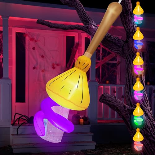 JOYIN 5FT Tall Halloween Inflatable Witch Magic Broom Broke Out from Window Hanging Inflatable Decor Built-in LEDs Gradient Colored Light Halloween Blow Up Yard Decor for Party Indoor Outdoor