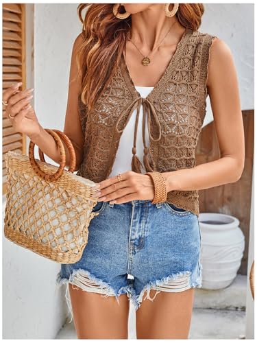 Image of SHENHE Women's Tie Front Sleeveless Sheer Knit Cardigan V Neck Crochet Sweater Vest Top