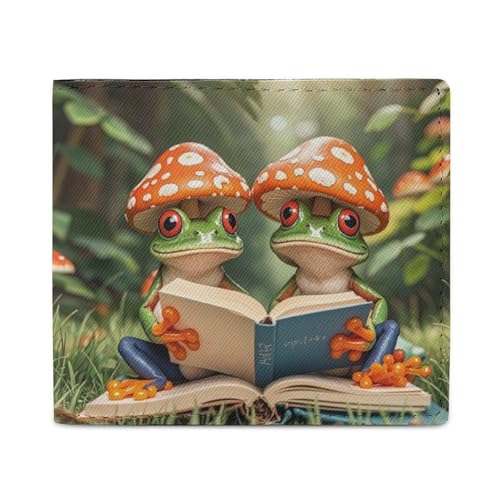 The Frog Family Is Reading Wallet Elegant Leather Wallets with ID Window & 2 Card Slots, Slim Bifold Wallet for Men Women