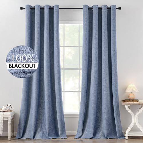 Image of MIULEE Linen Texture Curtains for Bedroom Solid 100% Blackout Thermal Insulated Stone Blue Curtains Grommet Room Darkening Curtains /Draperies for Living Room 52x120 Inch (2 Panels)