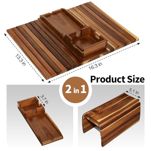 Image of FUNKYLEE Acacia Wood Couch Armrest Table, Couch Arm Tray with Removable Couch Cup Holder, 2 in 1 Design Foldable Anti-Slip Acacia Wood Sofa Arm Tray for Remote Controls, Phones, Cups and Snacks