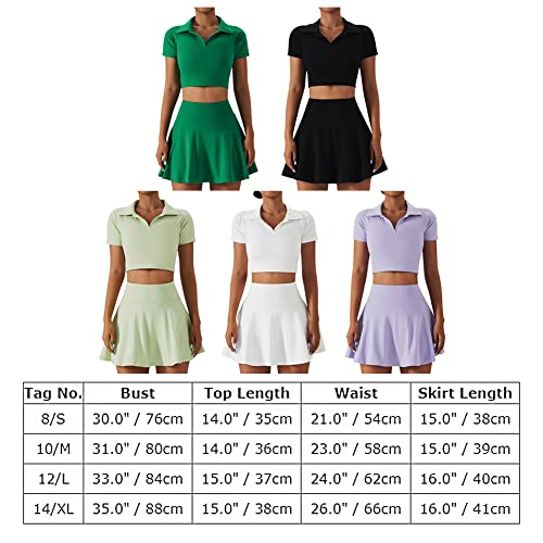 Abociw Tennis Outfits For Women 2 Piece High Waist Pleated Tennis Skirt With Shorts And Pockets Short Sleeve Crop Golf Skort Skirt Athletic Workout Outfits Skirts Sets Green Large #TOP6