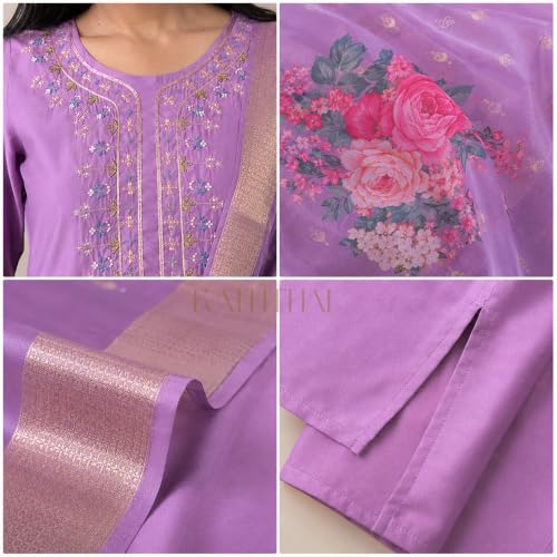 Image of Kaththai Women Embroidered Kurta and Pant Set with Dupatta | Ethnic Suit Set for Women | Floral Printed Organza Dupatta | Festive, & Traditional Kurta Set