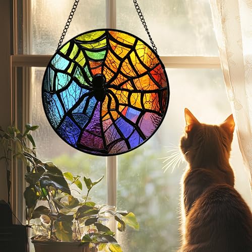 Image of Stained Glass Suncatcher, Colorful Spider Sun Catcher Black Insect Stain Glass Window Hanging Decoration Mother's Day Birthday Gifts for Women Men Mom Nana 6.3 in