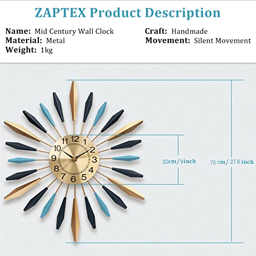 Large Wall Clock Metal Mid Century Decorative Wall Clock For Living Room Decor, 27.6 Inch Silent Battery Operated Big Wall Clocks Modern Home Wall Art For Bedroom,Kitchen,Dining Room,Hotels,Office #TOP4