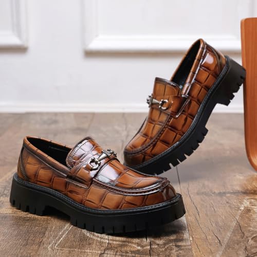 Image of Mens Patent Leather Slip-On Platform Dress Horsebit Loafer Low Heels Round Toe Non-Slip Penny Shoes for Formal Business Wedding