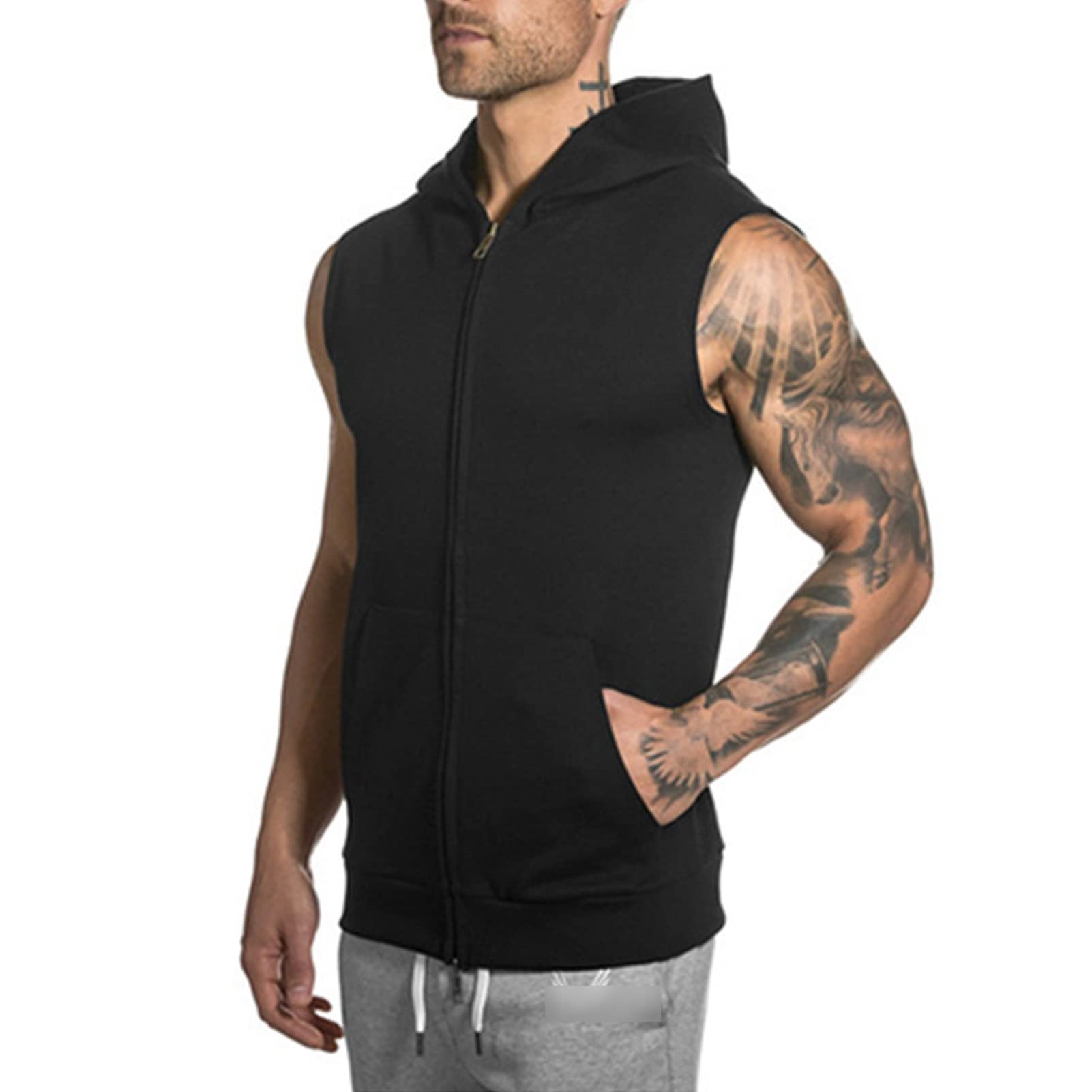 Maiyifu-GJ Men's Zip Up Workout Tank Tops Bodybuilding Fitness Sleeveless Hooded Vests Slim Lightweight Casual Gym Hoodies (Black,X-Large)