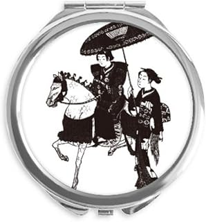 Japan Women Riding Horse Sketch Hand Compact Mirror Round Portable Pocket Glass