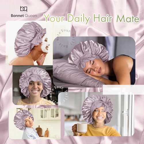 Image of BONNET QUEEN Silk Bonnet Satin Bonnet Silk Hair Wrap for Sleeping with Tie Band Night Sleep Cap for Women Curly Hair, Large, Rose Gold