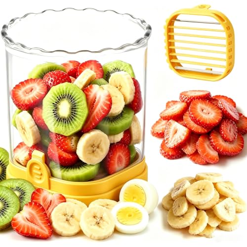 Hendiy Strawberry Slicer with Stainless Steel Blades | Egg & Fruit Slicer Cup for Banana, Cucumber, Mushroom | ABS Detachable Kitchen Gadget - Precision Berry Cutter Tool (Yellow, 1-Pack)