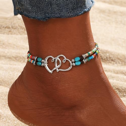 Qceasiy Shell Ankle Bracelet Set for Women, Boho Bead Adjustable Anklet, Hawaiian Beach Seashell Pearl Heart Starfish Conch Foot Jewelry Gifts (Double Heart(Colorful))