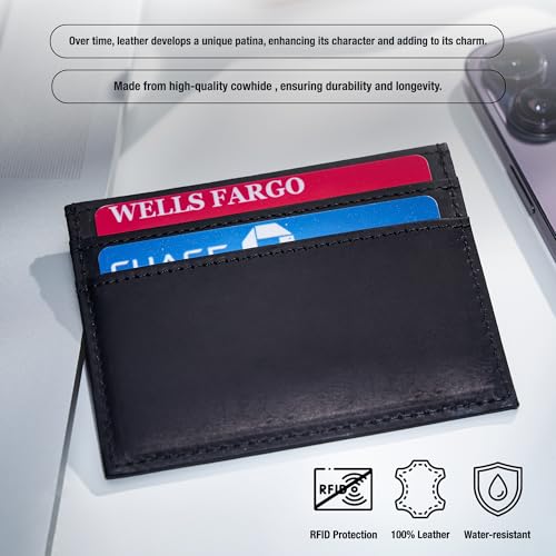Awesometik Classic Full Grain Leather Credit Card Holder for Men | ID Credit Card Holder | Leather Card Holder with 4 Card Slots and 1 Currency Slot | RFID Blocking | Gift For Him (Black)4