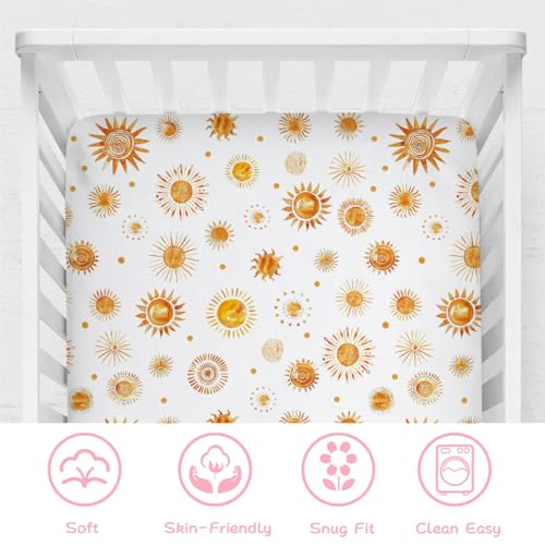 Image of Watercolor Suns Totem Baby Crib Sheets 52''x28'' Boho Sunshine Stretchy Fitted Crib Mattress Covers for Boy Girl Golden Suns Soft Nursery Baby Bed Sheets for Standard Crib and Toddler Mattress