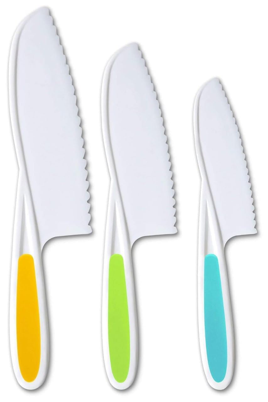 Toddler Knife Set,with Firm Grip & Serrated Edges & Safe,Colorful Nylon Toddler Cooking Knives,Kids Knife for Cutting Fruits,Veggies,Salad,Cake,Lettuce (Set of 3 Pcs,Multicolor)-image-12