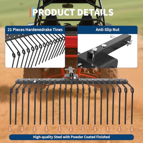 Pine Straw Rake, 48 Inch Landscape Rake for 2" Receiver, Fits Lawn Tractors & ATV/UTV | Heavy-Duty Powder Coated Steel Construction | Yellow by GAOMON - Image 4
