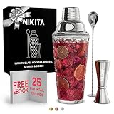 Glass Cocktail Shaker Set - 5 Piece - Silver Martini Shaker Set with Strainer, Jigger, Spoon & Muddler - 16 oz Drink Shakers Cocktail - Ideal Gift for Home Bar & Drink Trolley DΓ©cor