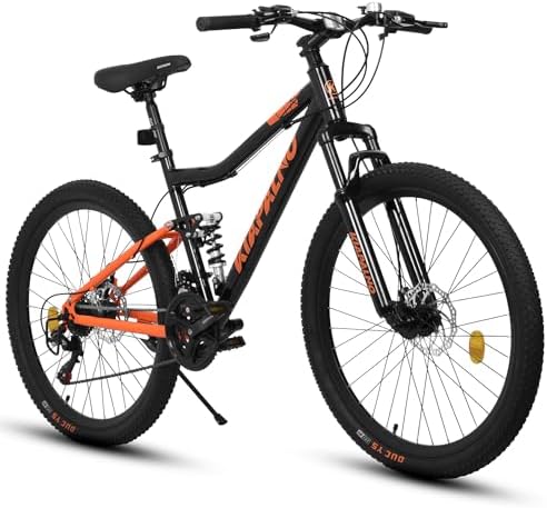 Ecarpat 26 Inch Mountain Bike Full Suspension, 21 Speed Mountain Bicycle with Steel Frame and Double Disc Brakes, MTB Bike for Adult Men Women, Black-Orange