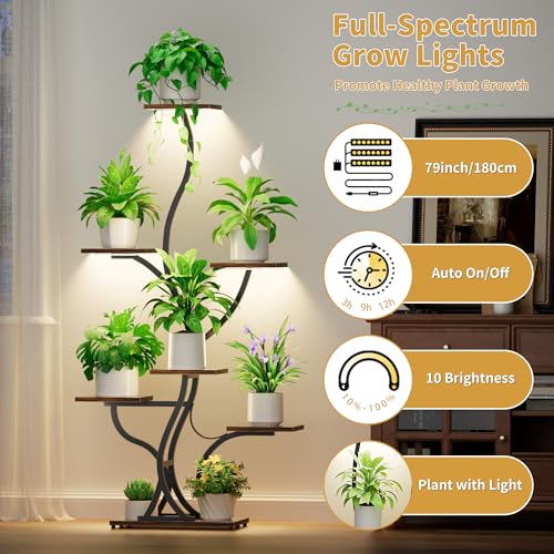 Image of JUSTOGO 7 Tier Plant Stand with Grow Lights, Tall Indoor Plant Shelf | 7 Tiered Shelf for Multiple Plants, Full-Spectrum Grow Lights, 59 inch Corner Design for Small Spaces, For Patio, Home Decor