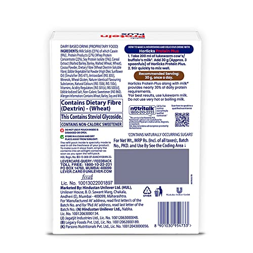 Image of Horlicks Protein Plus Chocolate High Protein Drink for Adults 400 g Jar|| Whey|| Soy & Casein Powder Blend - For Muscle Mass & Strength|| Veg