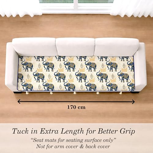 Image of Cloth Fusion Quilted Sofa Cover Seat Mat 3 Seater, Elephant Motif | Reversible Jaipuri Print, 170 cm, Seat Cover Only, Decorative Tassel Edging With A Spare, Easy Tuck-In Hold, Not Anti-Slip