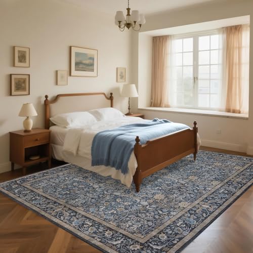 Tapete lavable sala 9x12 Boho floral azul pizarra miniatura 5